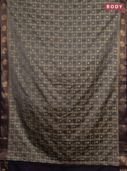 Semi soft silk saree grey and purple with allover zari checks & buttas and zari woven border