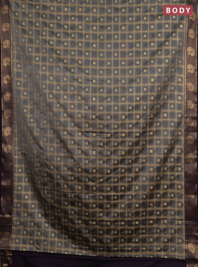 Semi soft silk saree grey and purple with allover zari checks & buttas and zari woven border