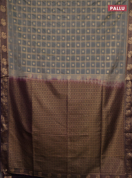 Semi soft silk saree grey and purple with allover zari checks & buttas and zari woven border
