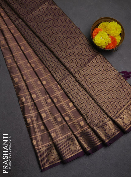 Semi soft silk saree rosy brown and purple with allover zari checks & buttas and zari woven border