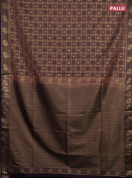 Semi soft silk saree rosy brown and purple with allover zari checks & buttas and zari woven border