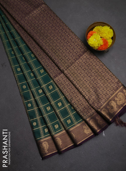 Semi soft silk saree bottle green and deep purple with allover zari checks & buttas and zari woven border