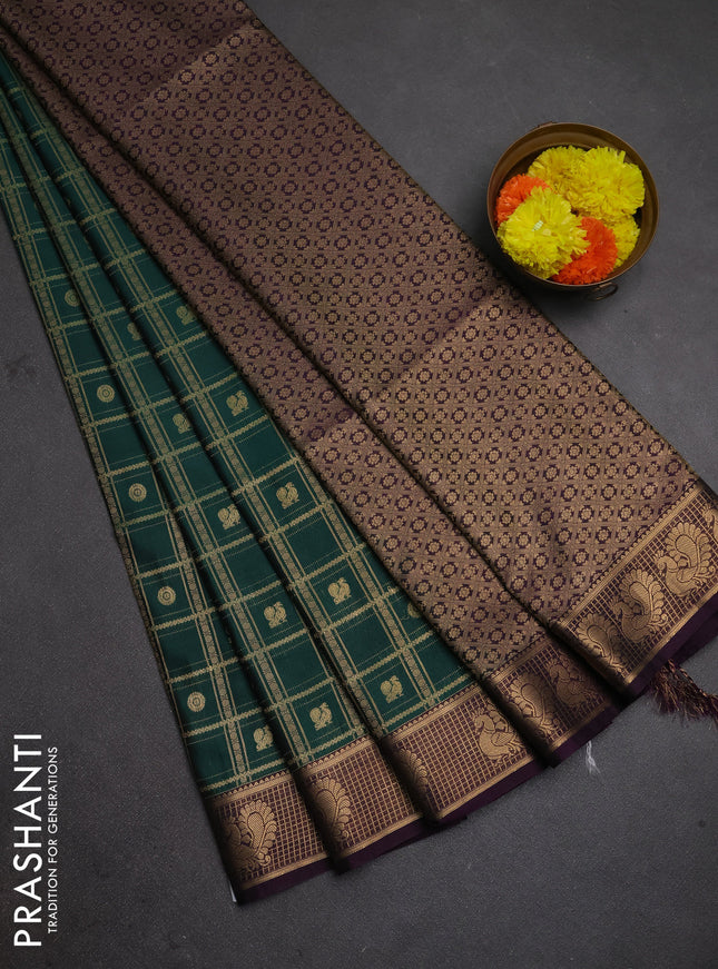 Semi soft silk saree bottle green and deep purple with allover zari checks & buttas and zari woven border