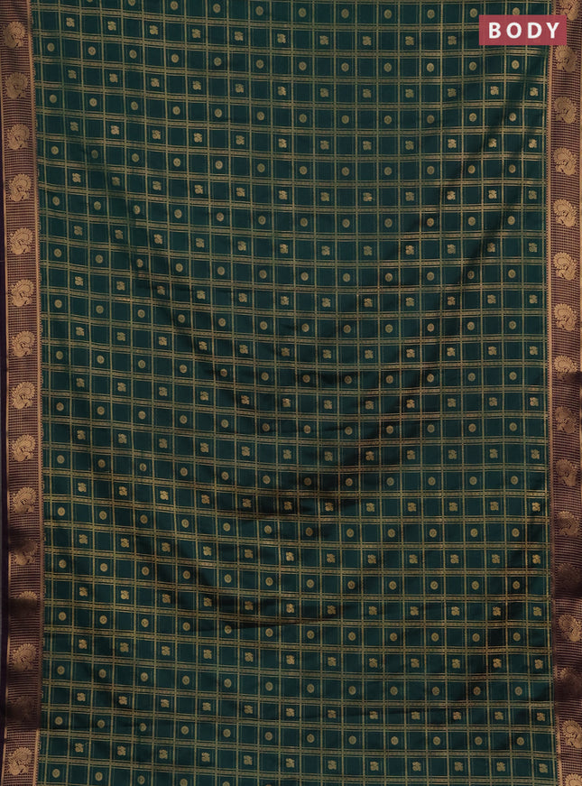 Semi soft silk saree bottle green and deep purple with allover zari checks & buttas and zari woven border