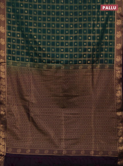 Semi soft silk saree bottle green and deep purple with allover zari checks & buttas and zari woven border