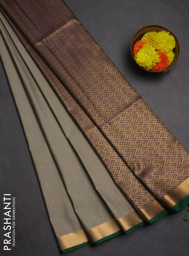 Semi soft silk saree grey and purple with allover small zari checks & buttas and zari woven border
