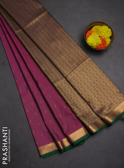 Semi soft silk saree magenta pink and green with allover small zari checks & buttas and zari woven border