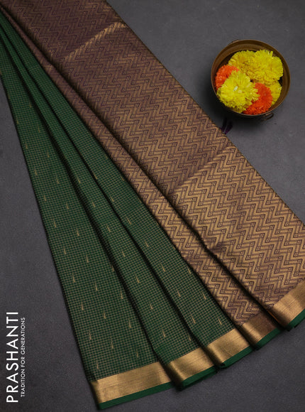 Semi soft silk saree bottle green and purple with allover small zari checks & buttas and zari woven border