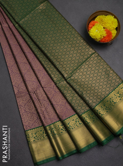 Semi soft silk saree rosy brown and green with allover zari woven brocade weaves and zari woven border