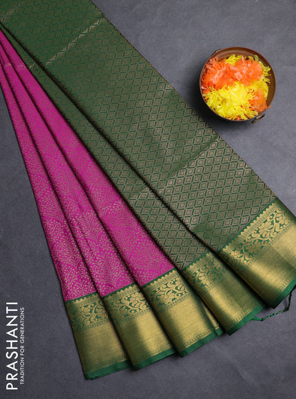 Semi soft silk saree magenta pink and green with allover zari woven brocade weaves and zari woven border