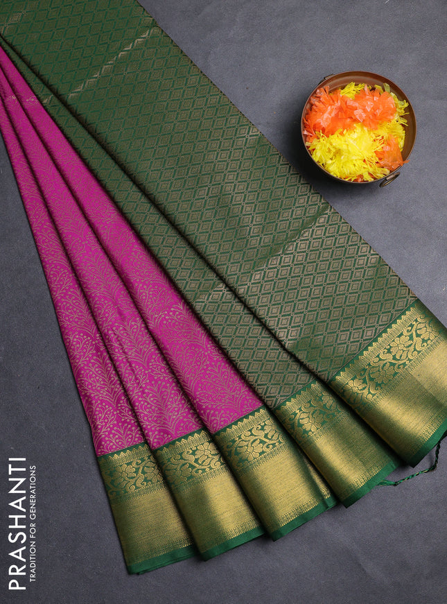 Semi soft silk saree magenta pink and green with allover zari woven brocade weaves and zari woven border