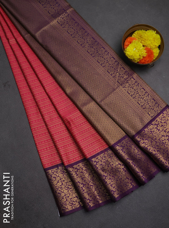 Semi soft silk saree pink and purple with allover zari brocade weaves and zari woven border