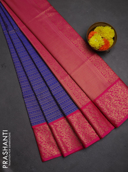 Semi soft silk saree blue and pink with allover zari brocade weaves and zari woven border