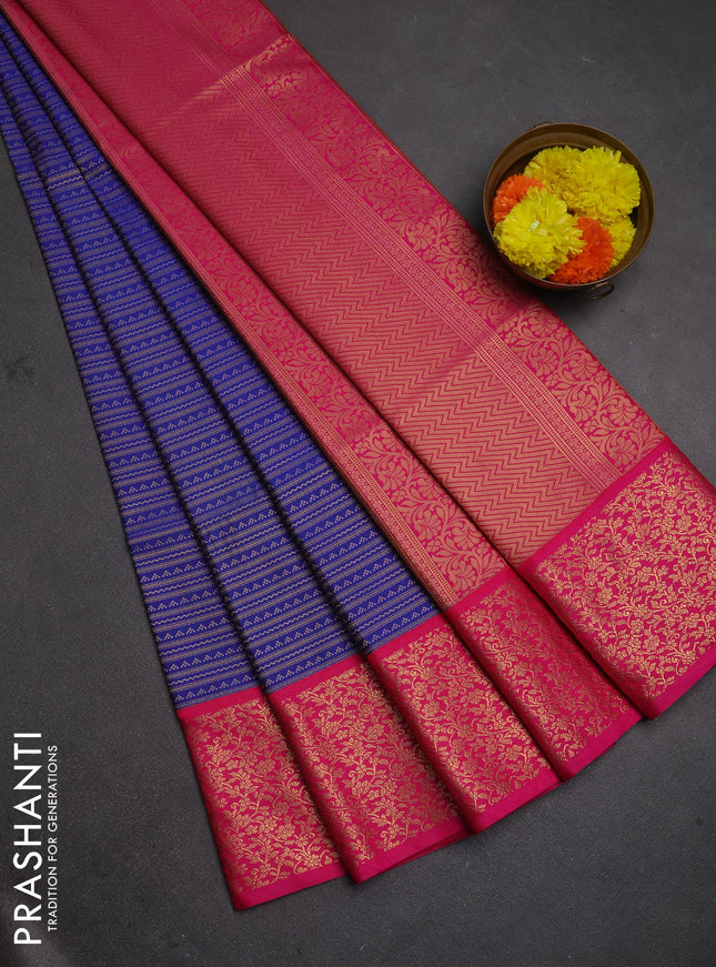 Semi soft silk saree blue and pink with allover zari brocade weaves and zari woven border