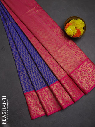 Semi soft silk saree blue and pink with allover zari brocade weaves and zari woven border