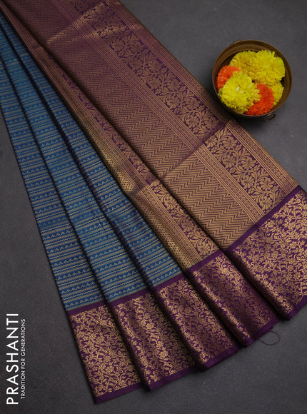 Semi soft silk saree peacock blue and purple with allover zari brocade weaves and zari woven border