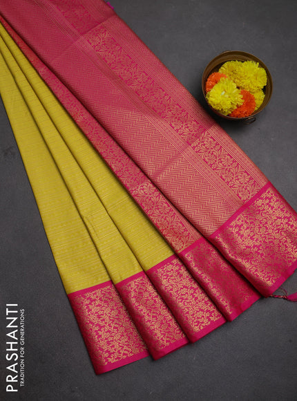 Semi soft silk saree yellow and pink with allover zari brocade weaves and zari woven border