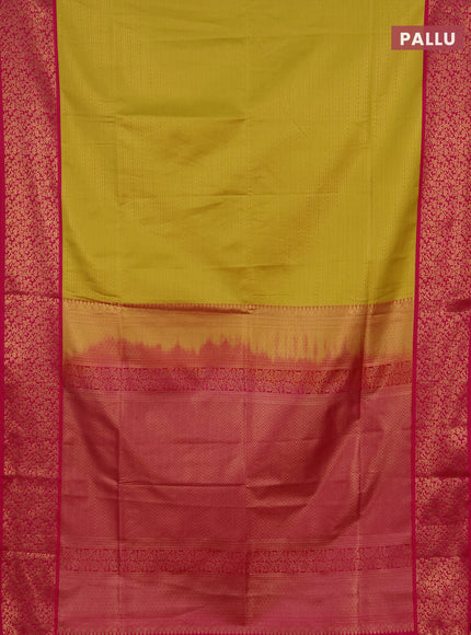 Semi soft silk saree yellow and pink with allover zari brocade weaves and zari woven border