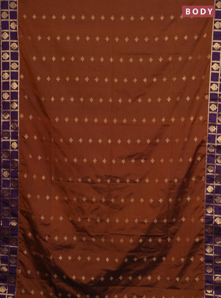 Semi soft silk saree dark mustard and purple with allover zari woven buttas and zari woven border