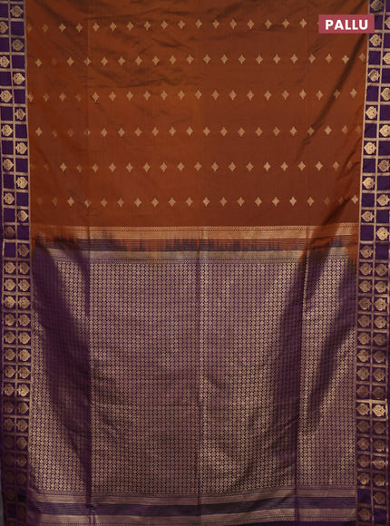 Semi soft silk saree dark mustard and purple with allover zari woven buttas and zari woven border