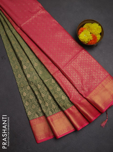 Semi soft silk saree pastel green and peach pink with allover zari woven brocade weaves and zari woven border