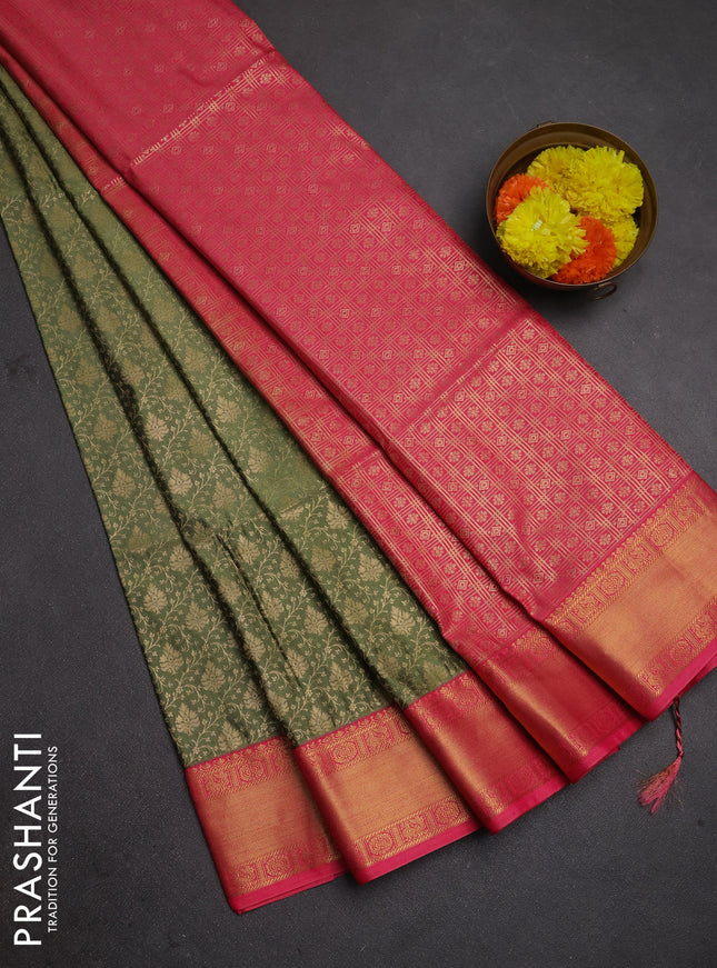 Semi soft silk saree pastel green and peach pink with allover zari woven brocade weaves and zari woven border