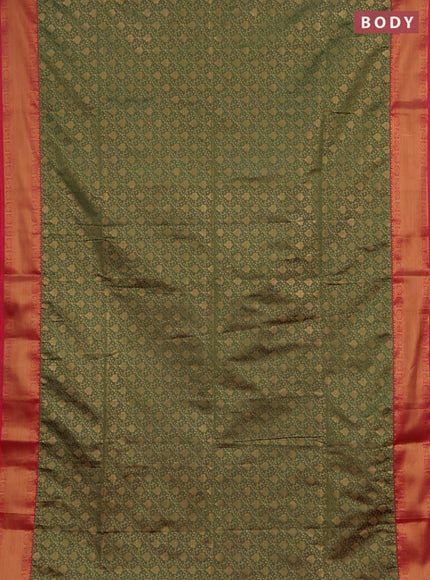 Semi soft silk saree pastel green and peach pink with allover zari woven brocade weaves and zari woven border