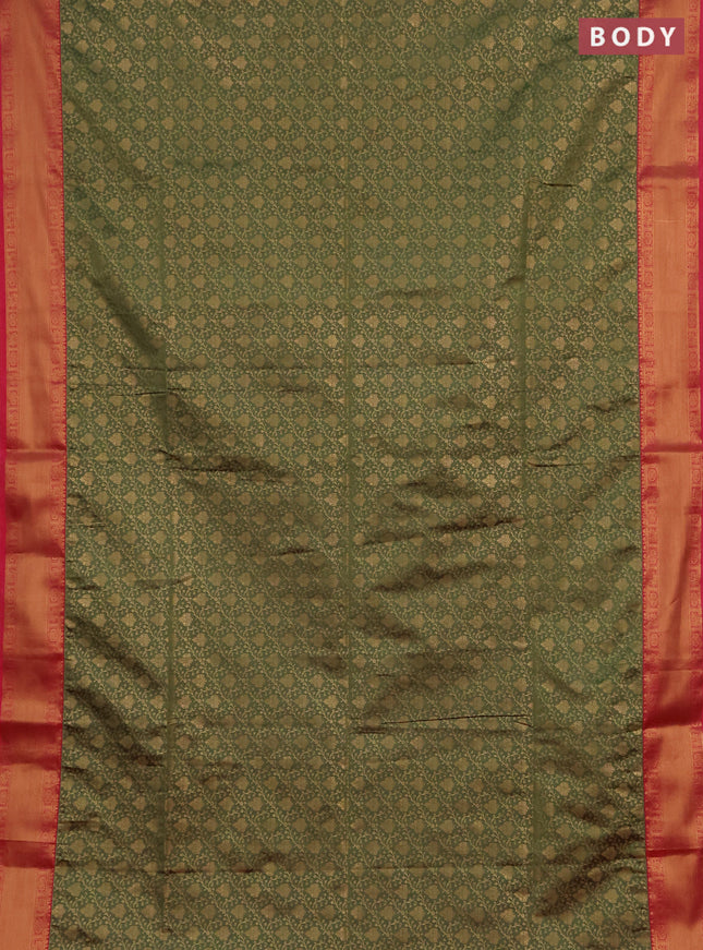 Semi soft silk saree pastel green and peach pink with allover zari woven brocade weaves and zari woven border
