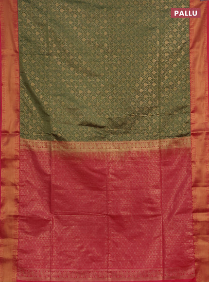 Semi soft silk saree pastel green and peach pink with allover zari woven brocade weaves and zari woven border