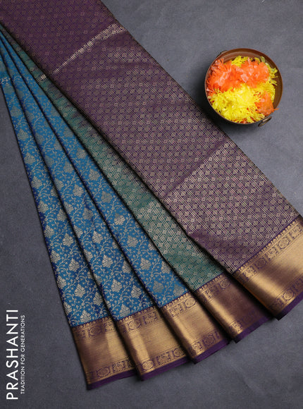 Semi soft silk saree peacock blue and purple with allover zari woven brocade weaves and zari woven border