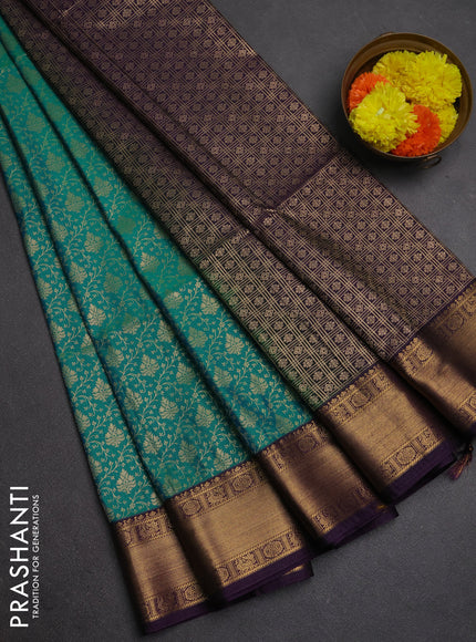 Semi soft silk saree teal green and purple with allover zari woven brocade weaves and zari woven border