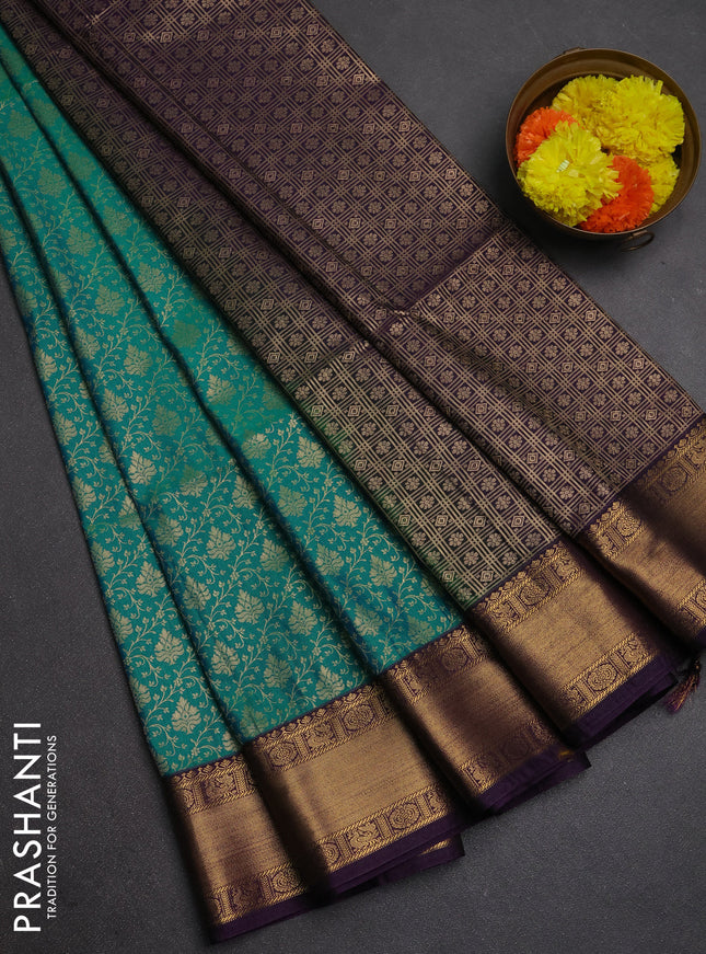 Semi soft silk saree teal green and purple with allover zari woven brocade weaves and zari woven border