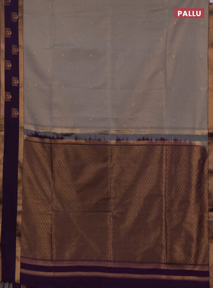 Semi soft silk saree grey and purple with allover small zari checks & buttas and zari woven broder