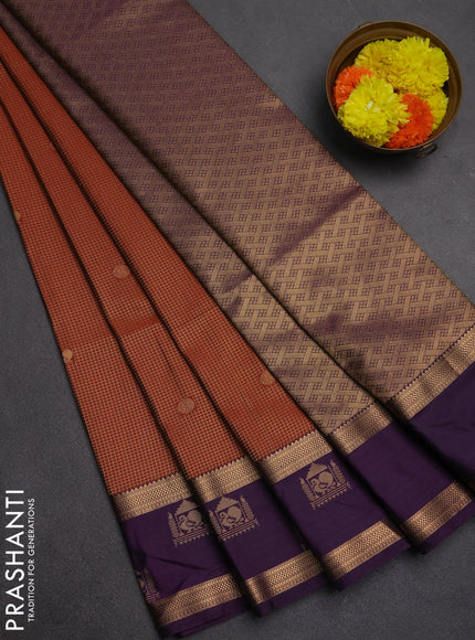 Semi soft silk saree rustic orange and purple with allover small zari checks & buttas and zari woven broder