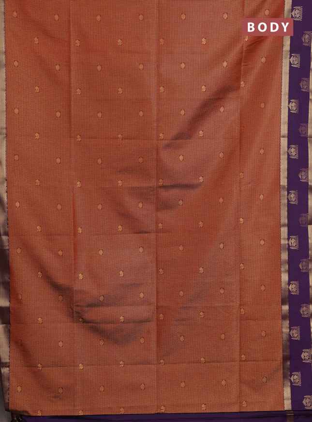 Semi soft silk saree rustic orange and purple with allover small zari checks & buttas and zari woven broder