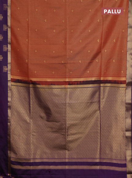 Semi soft silk saree rustic orange and purple with allover small zari checks & buttas and zari woven broder