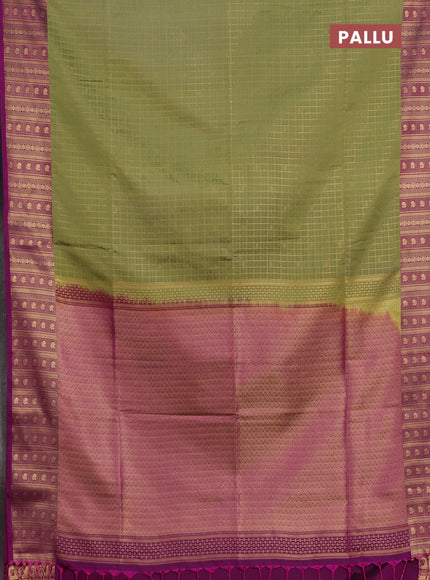 Semi soft silk saree pastel green and magenta pink with allover zari checked pattern and zari woven border