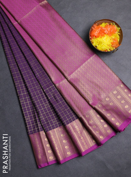 Semi soft silk saree purple and pink with allover zari checks & buttas and zari woven border