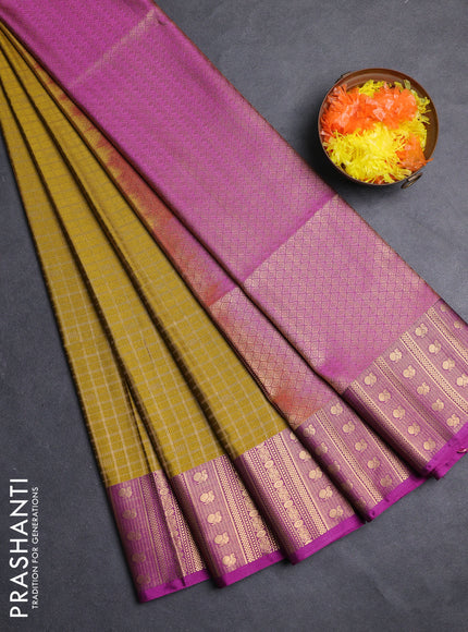 Semi soft silk saree mustard green and magenta pink with allover zari checks & buttas and zari woven border