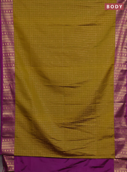 Semi soft silk saree mustard green and magenta pink with allover zari checks & buttas and zari woven border