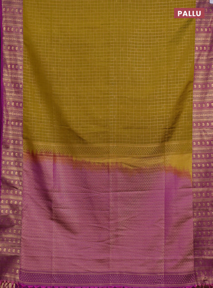 Semi soft silk saree mustard green and magenta pink with allover zari checks & buttas and zari woven border