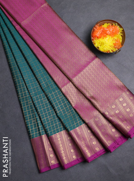 Semi soft silk saree teal green and pink with allover zari checks & buttas and zari woven border