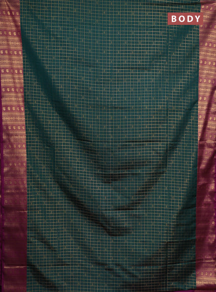 Semi soft silk saree teal green and pink with allover zari checks & buttas and zari woven border