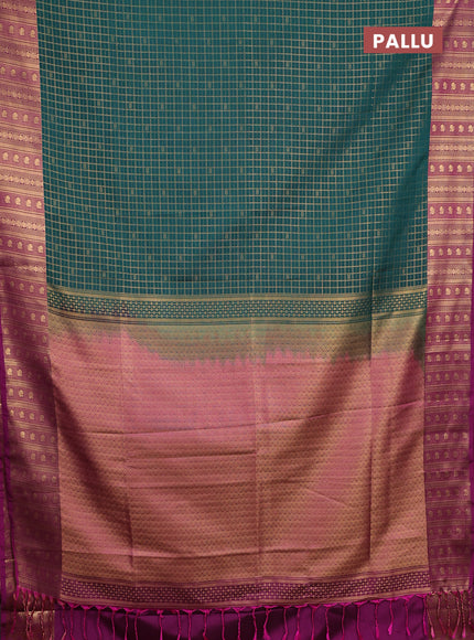 Semi soft silk saree teal green and pink with allover zari checks & buttas and zari woven border