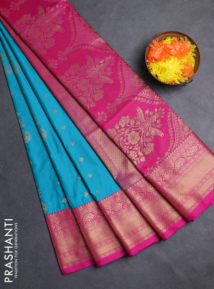 Semi soft silk saree teal blue and pink with allover zari woven buttas and zari woven border