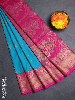 Semi soft silk saree teal blue and pink with allover zari woven buttas and zari woven border