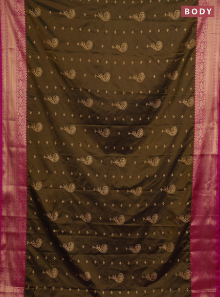Semi soft silk saree dark mehendi green and pink with allover zari woven buttas and zari woven border