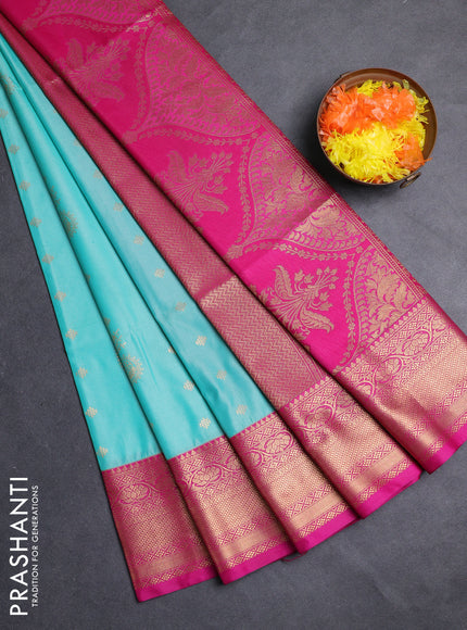 Semi soft silk saree teal blue and pink with allover zari woven buttas and zari woven border