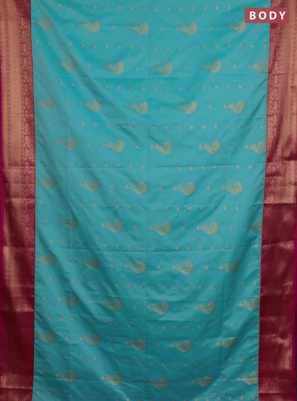 Semi soft silk saree teal blue and pink with allover zari woven buttas and zari woven border