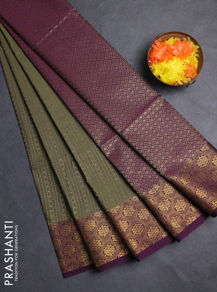 Semi soft silk saree olive green and purple with allover zari checks & buttas and zari woven border